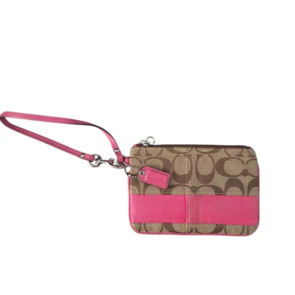 Coach Pink and Brown Stripe Wristlet - Picture 1 of 7